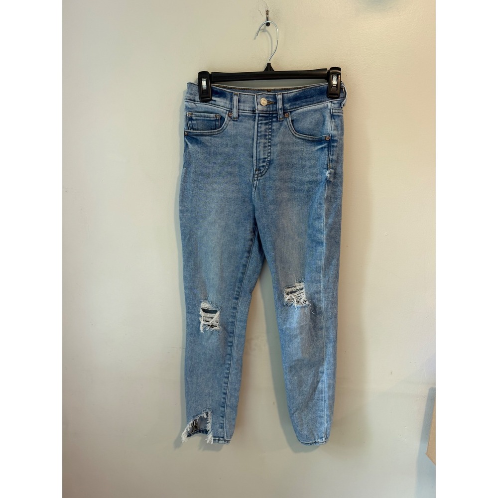 Express Womens High Waisted Skinny Distressed Light Wash Jeans Frayed Size 3